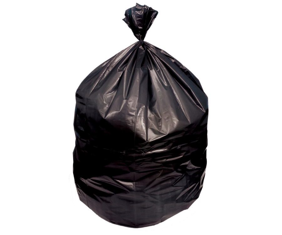 A large black garbage bag tied at the top, filled and standing upright against a white background. Eco Blend® Max 0.8-Mil. 60 Gal. LLDPE Black Can Liner (38 in. x 50 in., 20/Roll, 100/Case)